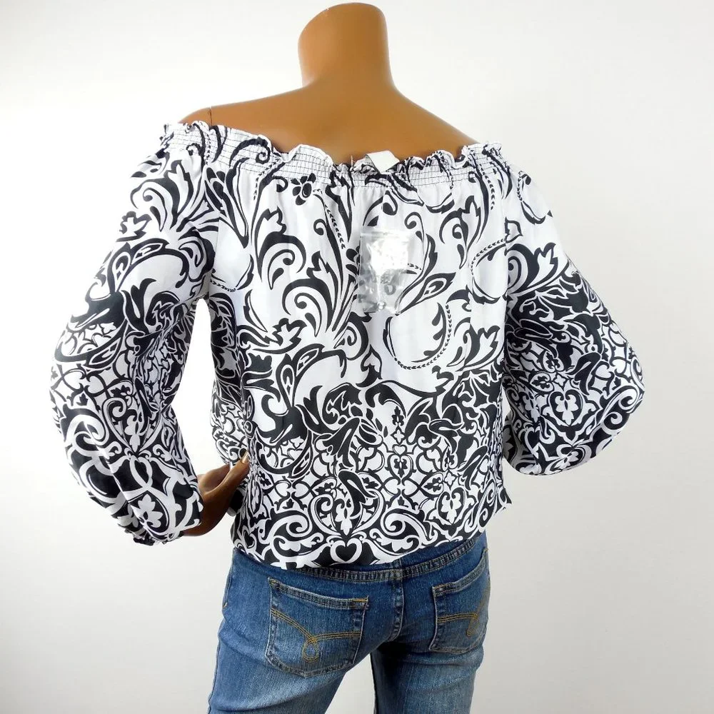 WHITE HOUSE BLACK MARKET Top L NWT Print Blouse Gem Buttons Party Shirt - Picture 8 of 12